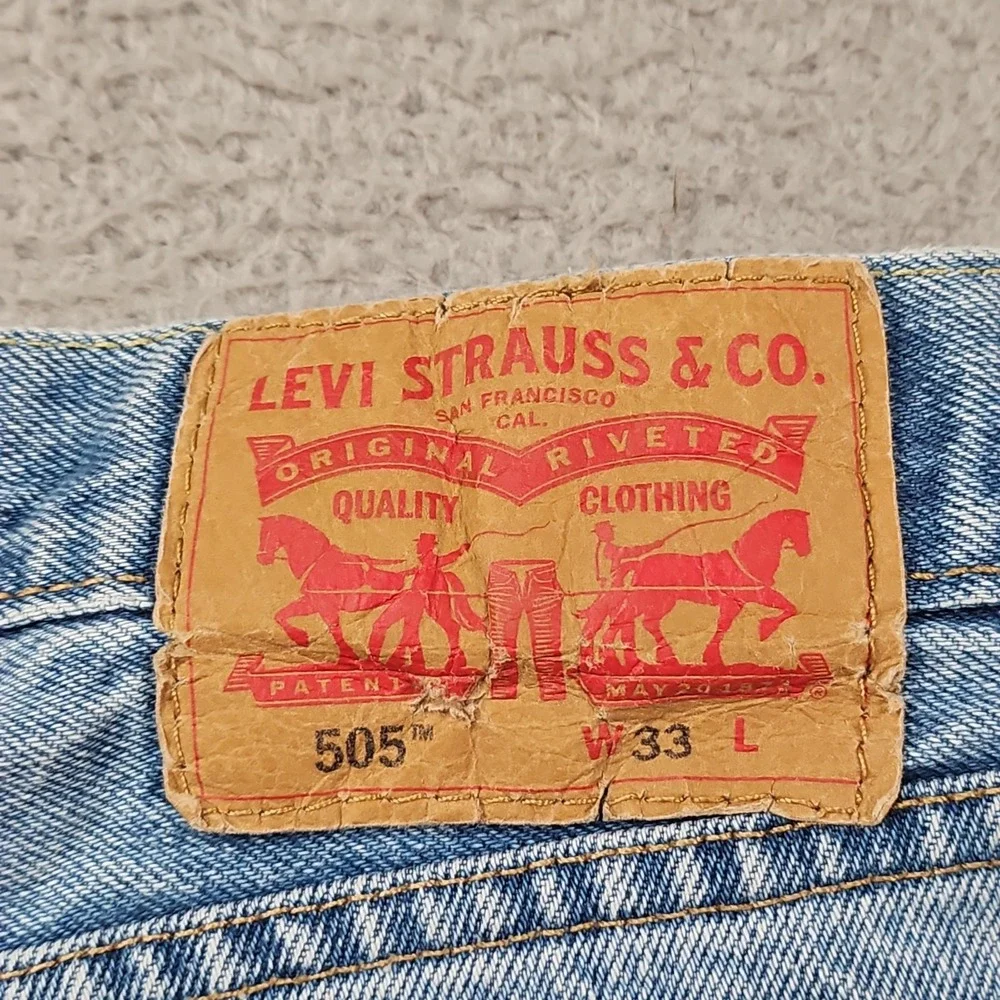 Levis 505 Jean Shorts Mens 33 Blue Denim Light Wash Fade Grunge Normcore Dad